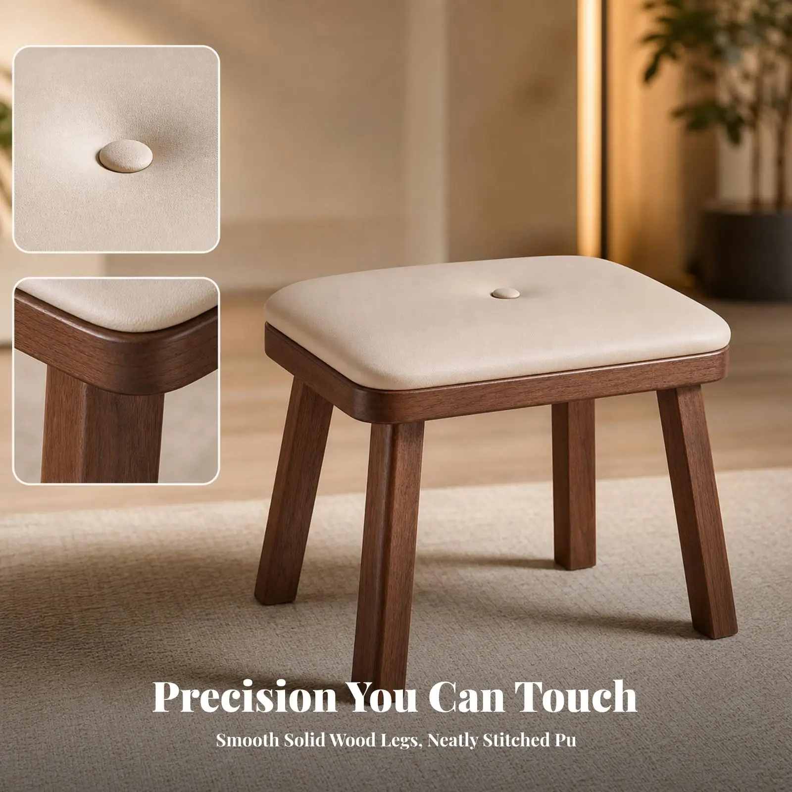 Versatile PU Cushioned Wood Stool with Center Button Tuft Design for Entryway Seating Footrest and Extra Chair in Any Room