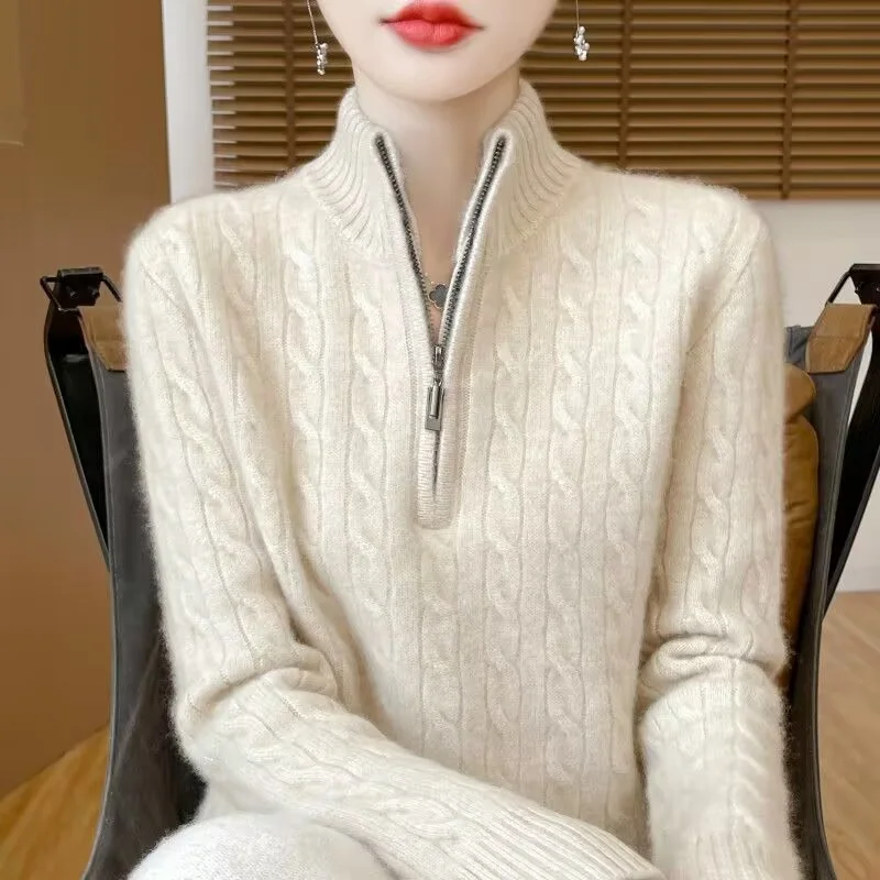 Solid Color Zipper Jacket Autumn New Knitted Sweater Cardigan Women\'s Standing High Neck Loose Slimming Knitted Sweater Spring