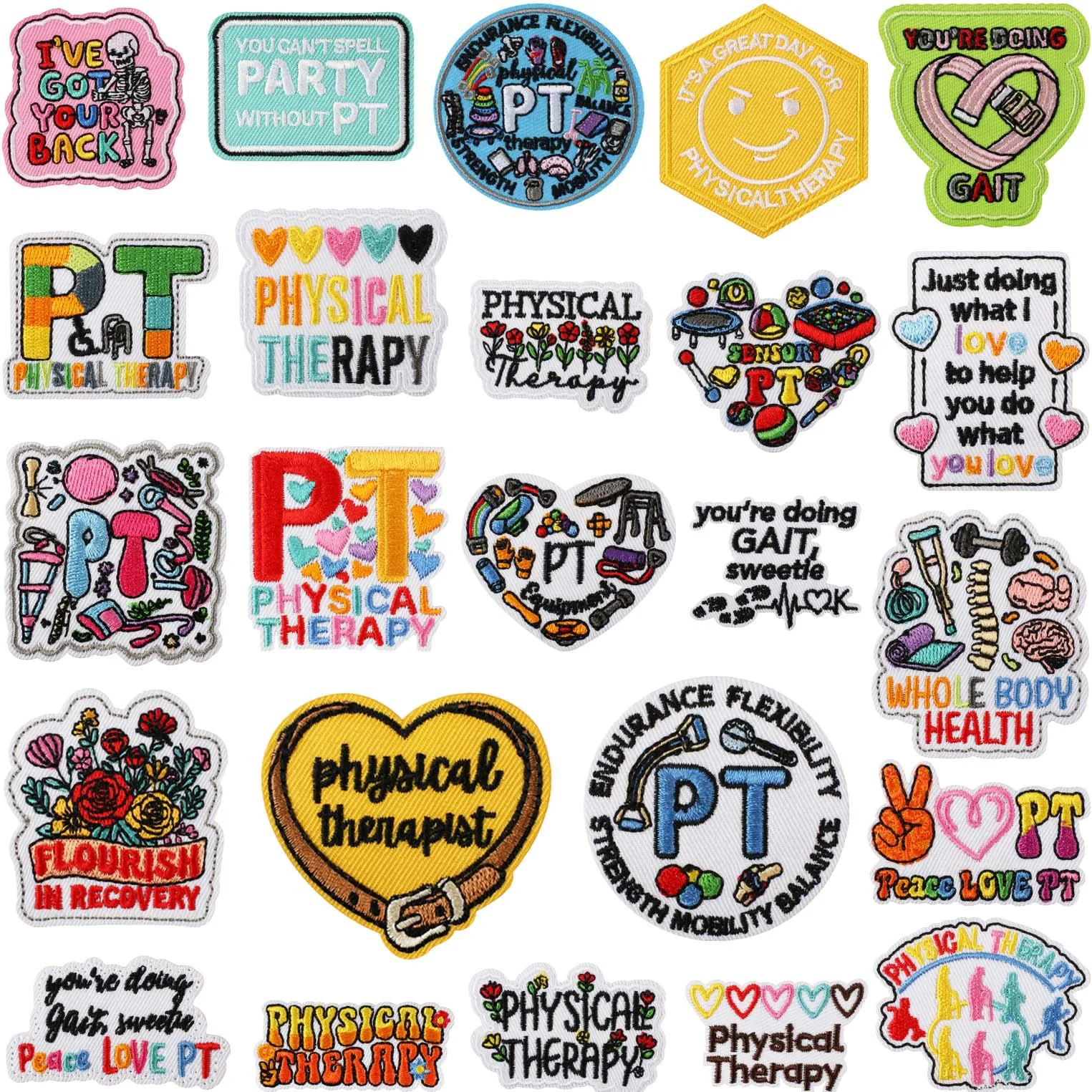1Pcs Colorful PT Physical Therapy Embroidered Patches, Iron on Medical Rainbow Appliques for DIY Clothes Bags Hats