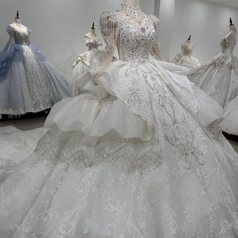 Customized Dubai High-end Ivory Luxury Sexy Wedding Dress Long Sleeves Diamond Beading Bridal Gown Custom Made XS005