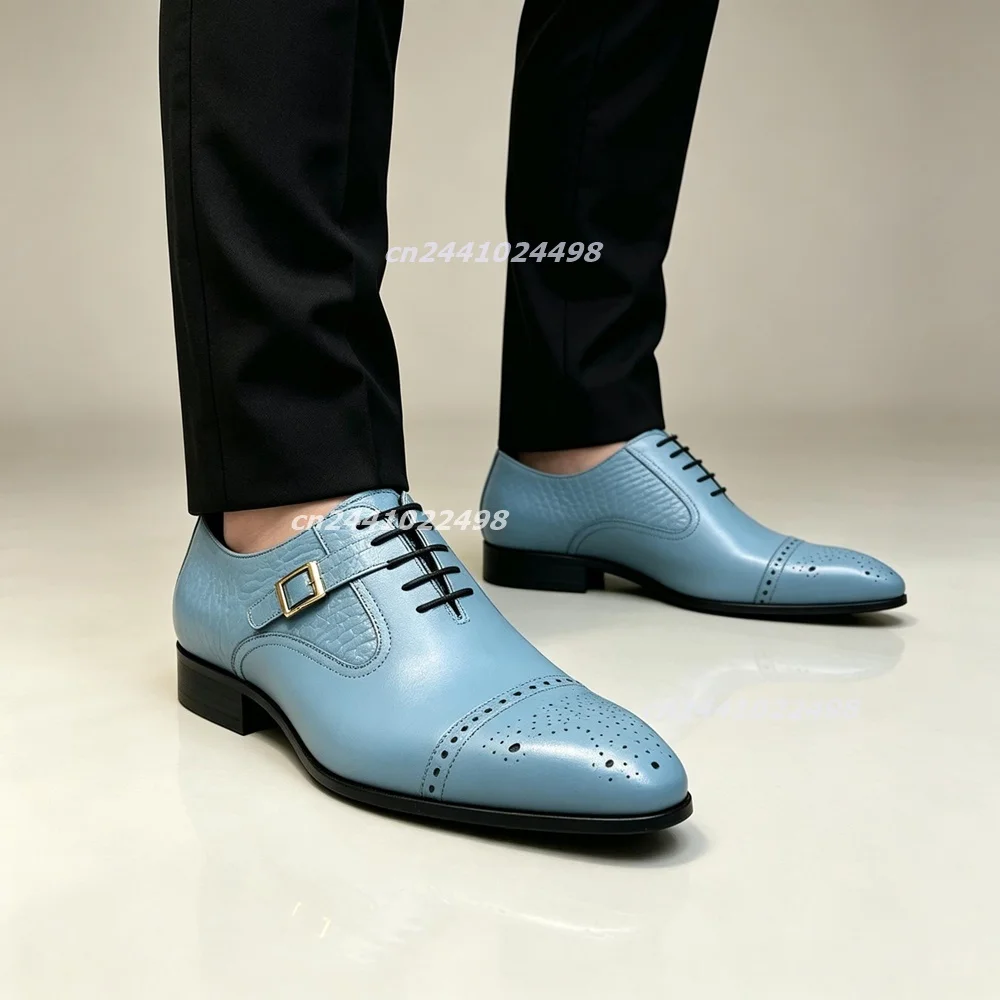 Gentlemen Sky Blue Perforated Brogue Dress Shoes Lace up Pointed Toe Formal Footwear for Wedding Ceremony and Evening Events
