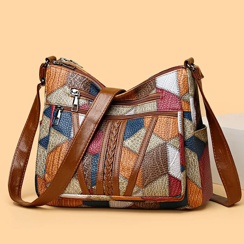 Middle-aged Mother Bag Large-capacity Splicing To Work Commuting Soft Leather Multi-pocket Messenger Backpack Retro Shoulder Bag