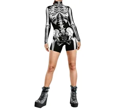 Nieuwe Vrouwen Skelet Zwart Wit Korte Broek Jumpsuit Grappige Bodysuit Stretch Skinny Eendelig Outfit Onesie Catsuit Halloween Cosplay