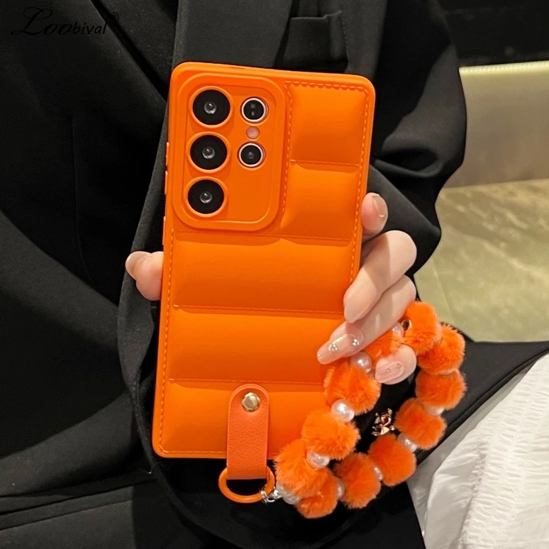 Luxuriöse Daunenjacken-Perlenarmband-Hülle für Samsung Galaxy S26 S25 Ultra S23 S24 Plus S21 S22 FE A56 A55 A16 Plüsch-Schutzhülle mit Trageband