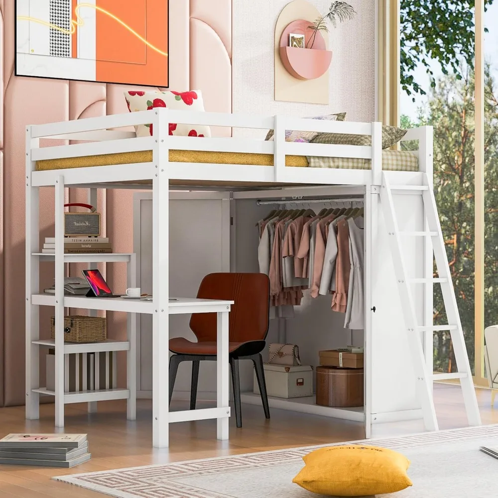 

Full Size Loft Bed with Wardrobe and Desk and Shelves for Girls Boys Teens