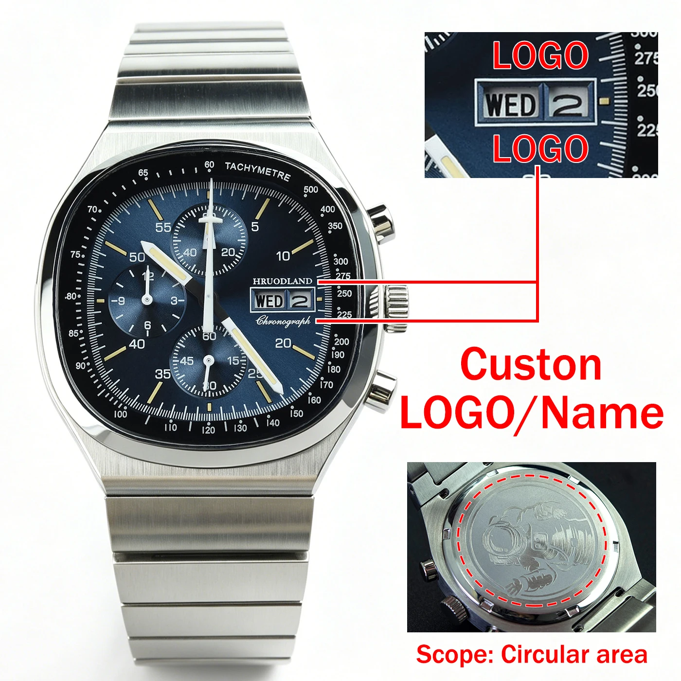 

Custom Classic Original Logo Chronograph Men Watches Sapphire Crystal Tachymeter Bezel Stainless Steel Lume Quartz Wristwatch