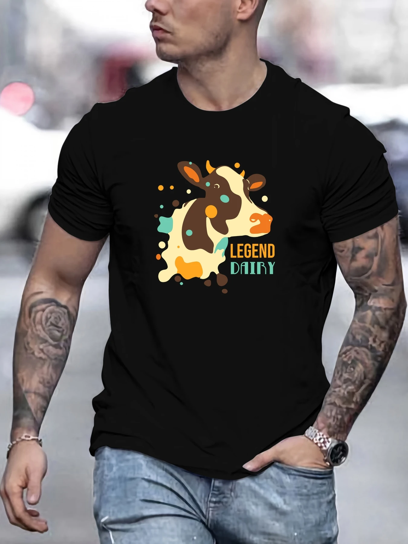 

Male Cow Pattern Summer Casual Crew Neck Short T-Shirt