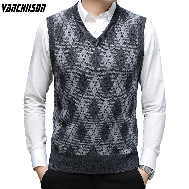 

Mens Wool Knit Tank Jumpers Basic Sweater Pullover Sleeveless Plaids Retro Vintage Casual for Autumn Winter V Neck 00124