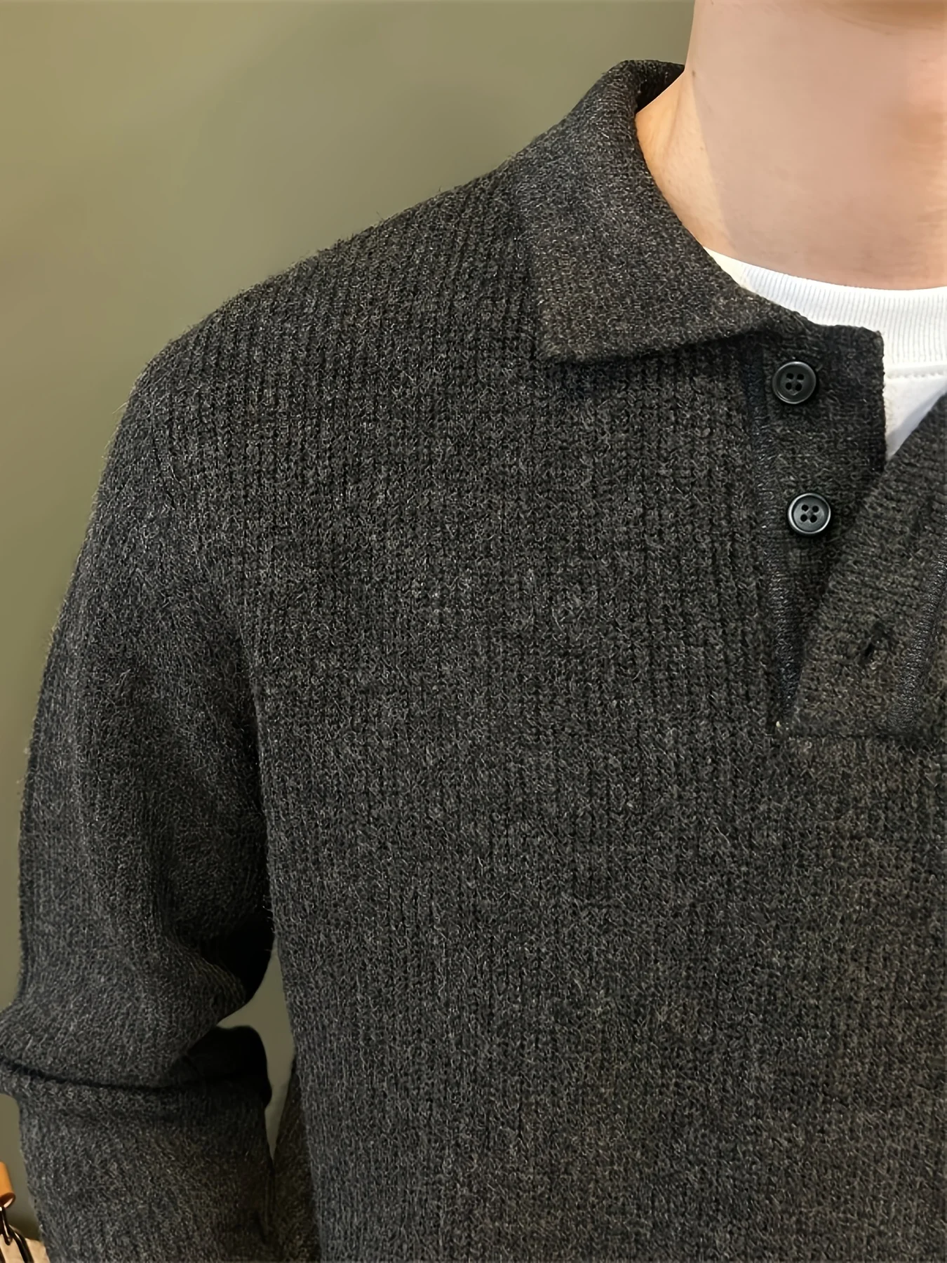 Herren-Polokragen-Strickpullover, Herbst-Winter, Langarm, Knopfleiste, gerippte Textur, lässig, Business, Pendler, einfarbig, Revers – Detail 6