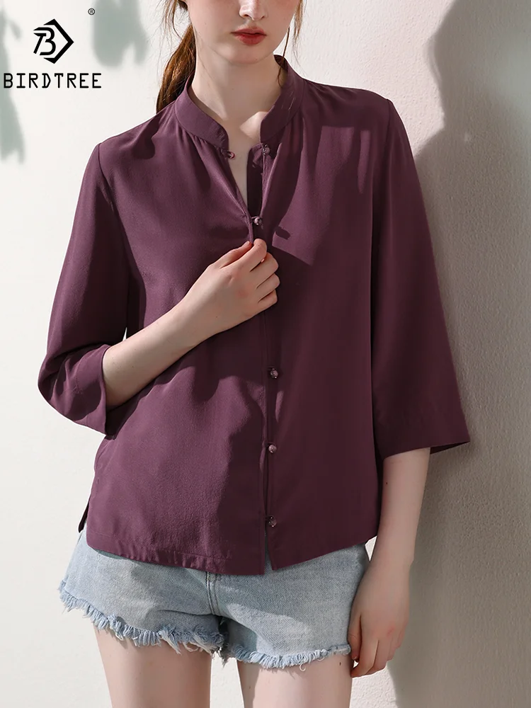 BirdTree, 100%Real Silk Elegant Shirt, Women 3/4 Sleeve Solid Color, Retro Versatile Commute Blouse, 2024 Summer Fall T46644QM