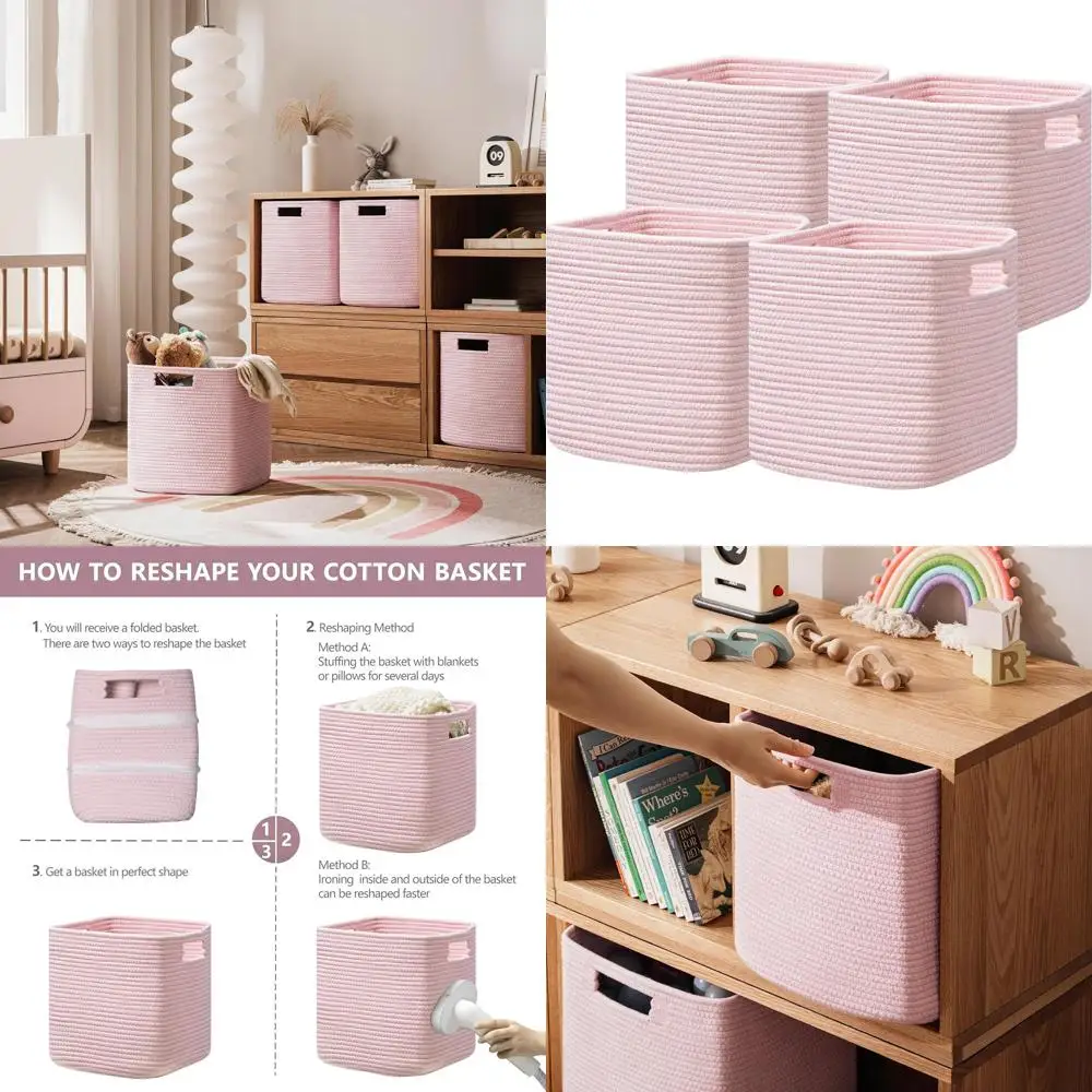 

Корзины для хранения из 4 предметов из хлопчатобумажной веревки — 13 органайзеров-кубов с ручками для полок, игрушек, книг, розовые