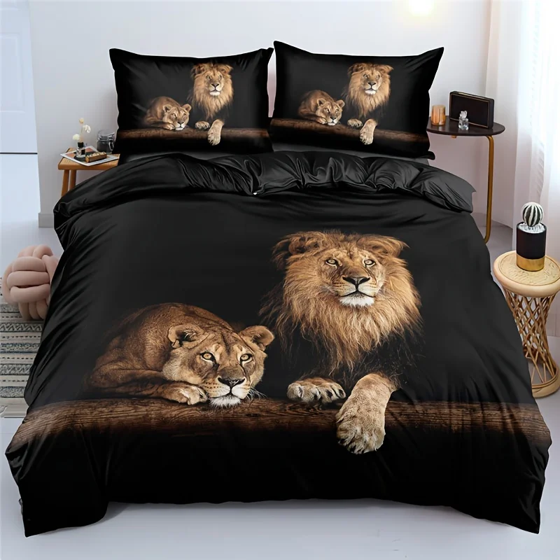 Lions Print  Duvet Cover Set Bedding Set Soft Comfortable Duvet Cover, For Bedroom Guest Room (1*Duvet Cover + 1/2*Pillowcase)