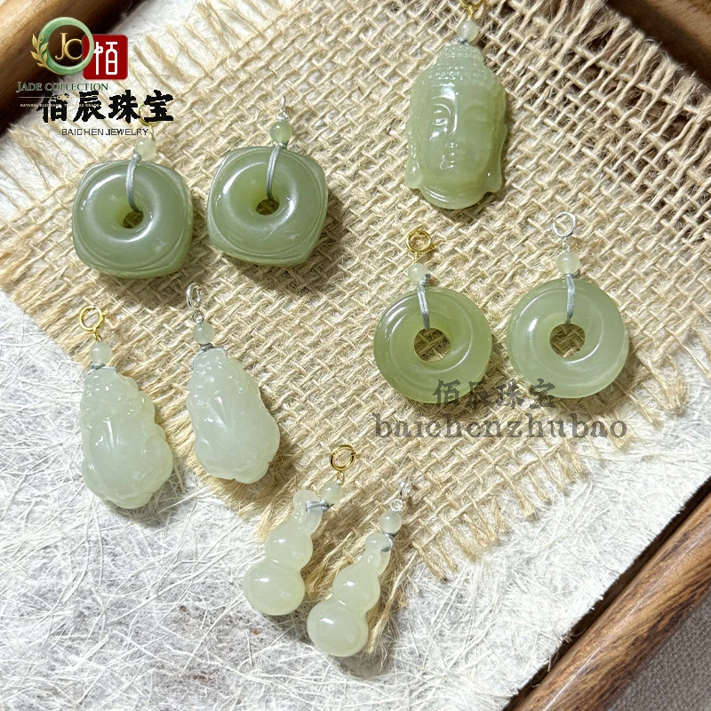 Natural Xinjiang Hotan Jade Buddha Head Pendant, Gourd Mobius Ring Necklace, Wuxi Brand Pixiu Jade Peace Amulet