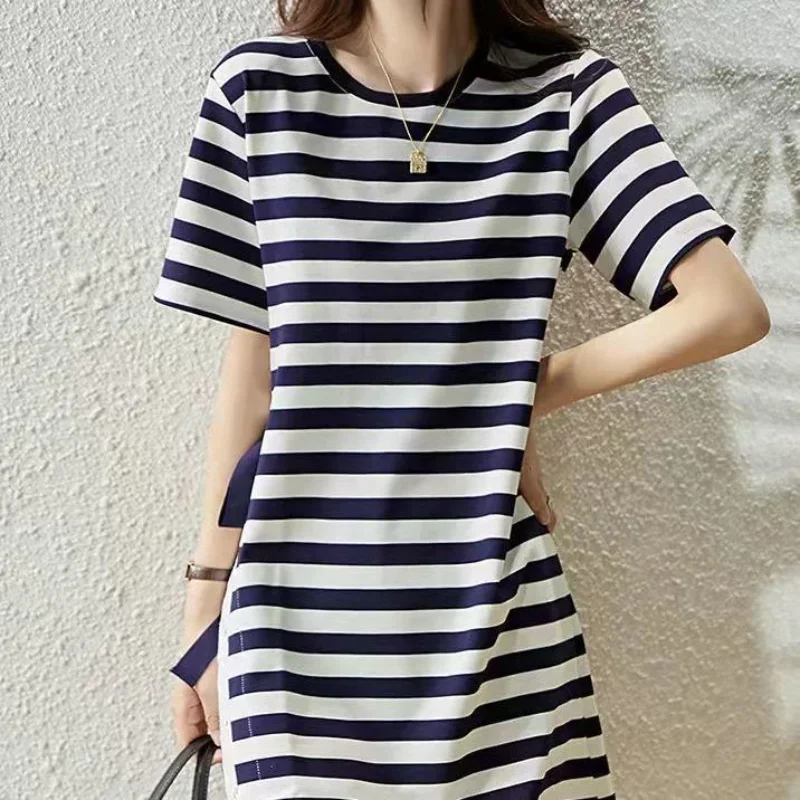 

Women Summer New O-Neck Pullover Dress Fashion Design Striped Lace Drawstring Splicing Loose Short Sleeves Straight Skirt ZL315