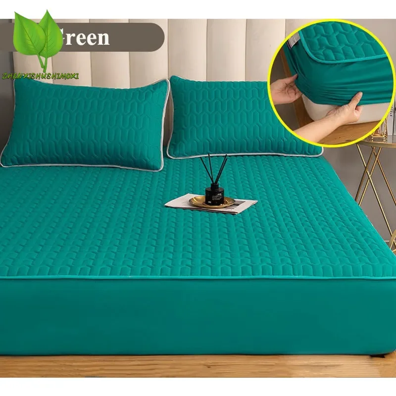 Quilted Mattress Cover with Deep Pocket, Soft Breathable, Elastic, Double Fitted Sheet, Thicken Green Mattress for Bed