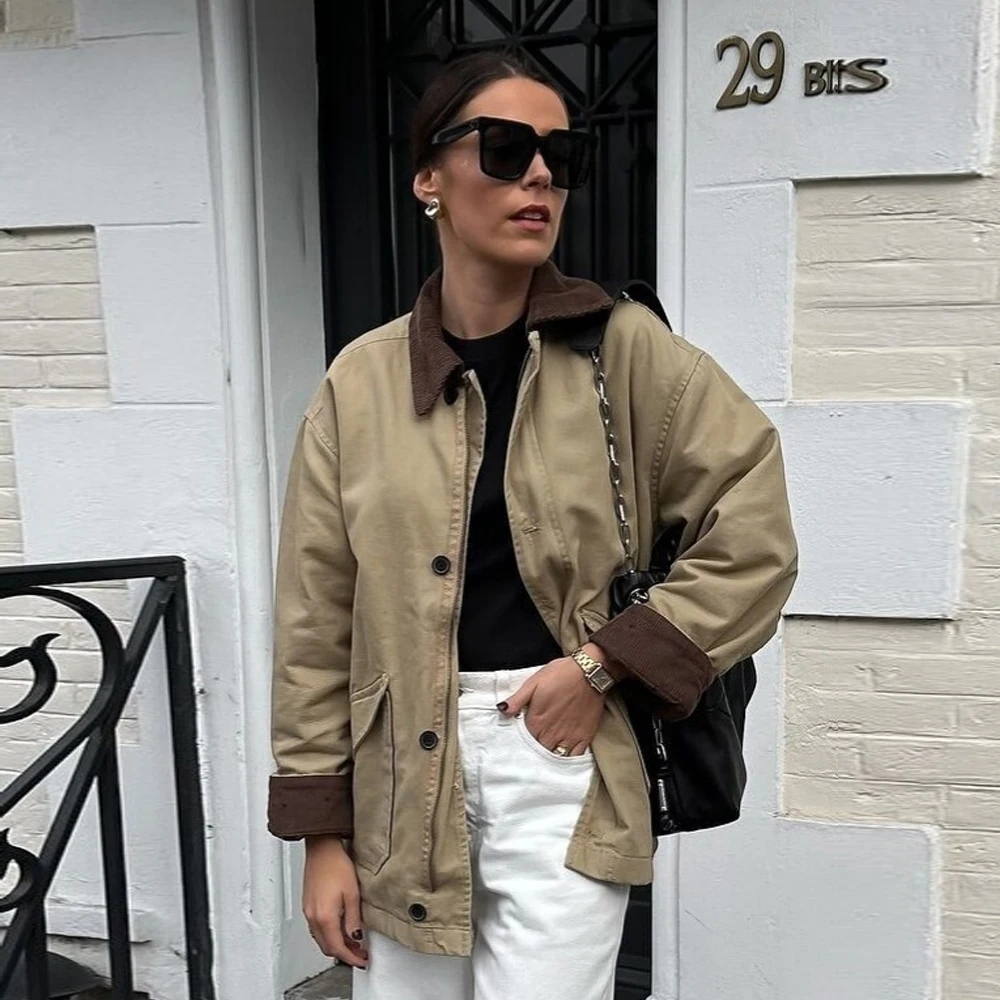 

Suninheart 2025 Autumn Short Windbreaker Jacket Women Khaki Lapel Coats Jackets Zip Up Fully Lined Winter Coats with Pockets