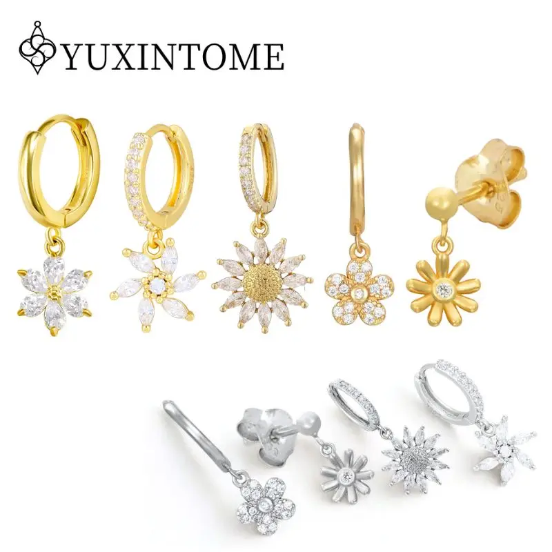 

925 Silver Needle Micropaved zircon Sunflower/Little Daisy Pendant Hoop Earrings For Women Temperament Luxurious Wedding Jewelry