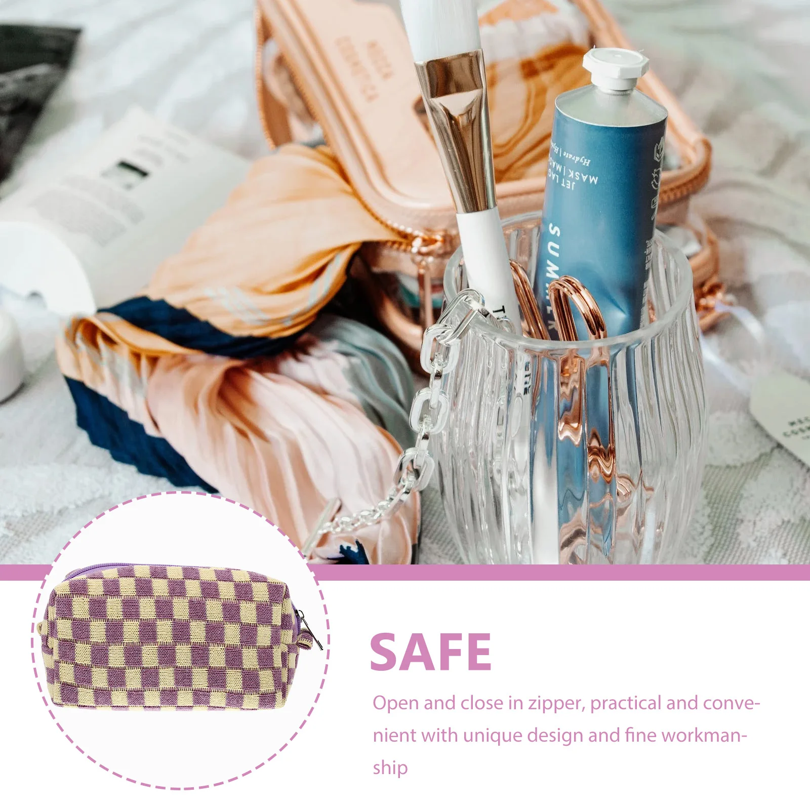 

Checkered Makeup Portable Zipper Toiletry Organizer Travel Toiletries Container Plaid Pouch Durable Wash Bag Woolen Yarn