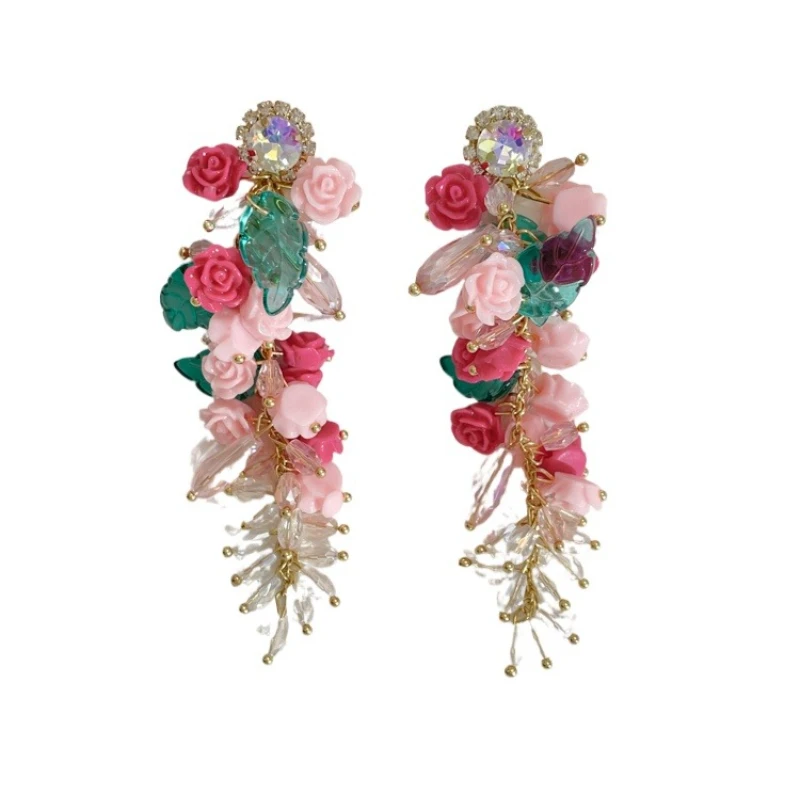 

Retro pink flower crystal fringed earrings exaggerated light luxury earrings