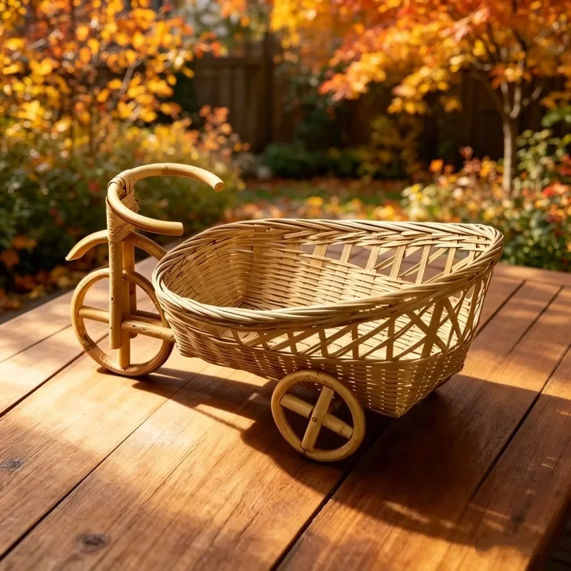 Bamboo Rattan Bicycle Small Basket Handmade Newborn Baby Photography Props Home Living Room Decoration Ornament Multi Purpose