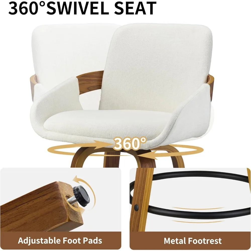 Beige Fabric Swivel Bar Stools with Back, Walnut Bentwood Mid-Century Design, Modern Set of 2 Bar Chairs with Curved Back.