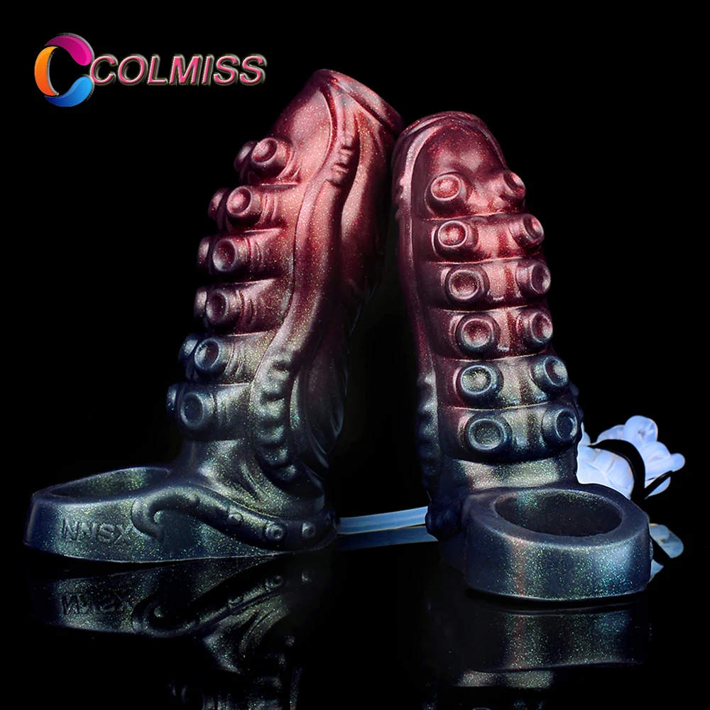 

COLMISS Soft Silicone Squirting Penis Sleeve Cock Sheath Hollow Dildo Ejaculating Ring Dick Enlargement Extender Sex Toy For Men