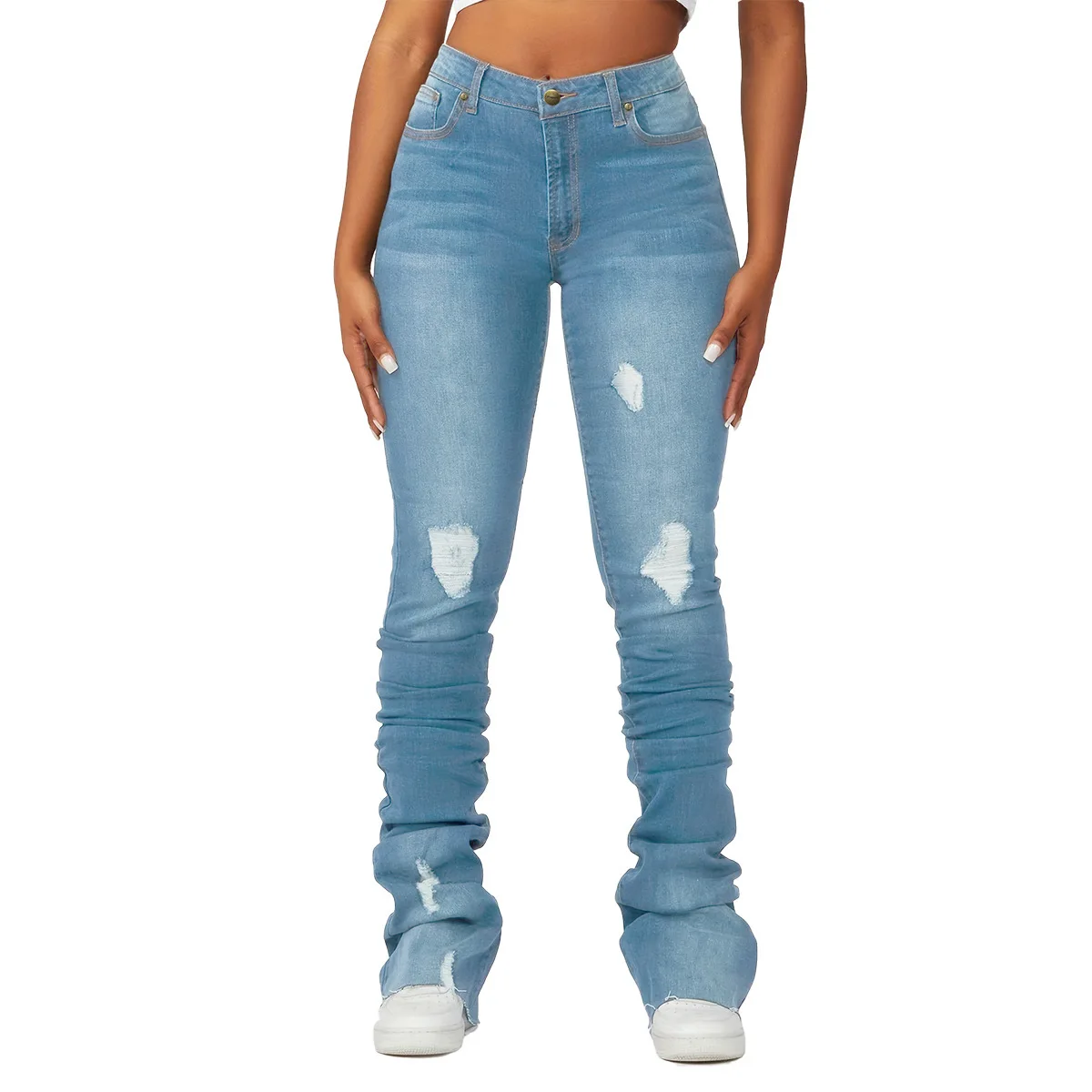 Gewassen Denim Rechte Broek Vrouwen Enkellengte Jean Gescheurd Gat Distressed Zakken Effen Casual Skinny Vintage Hoge Taille