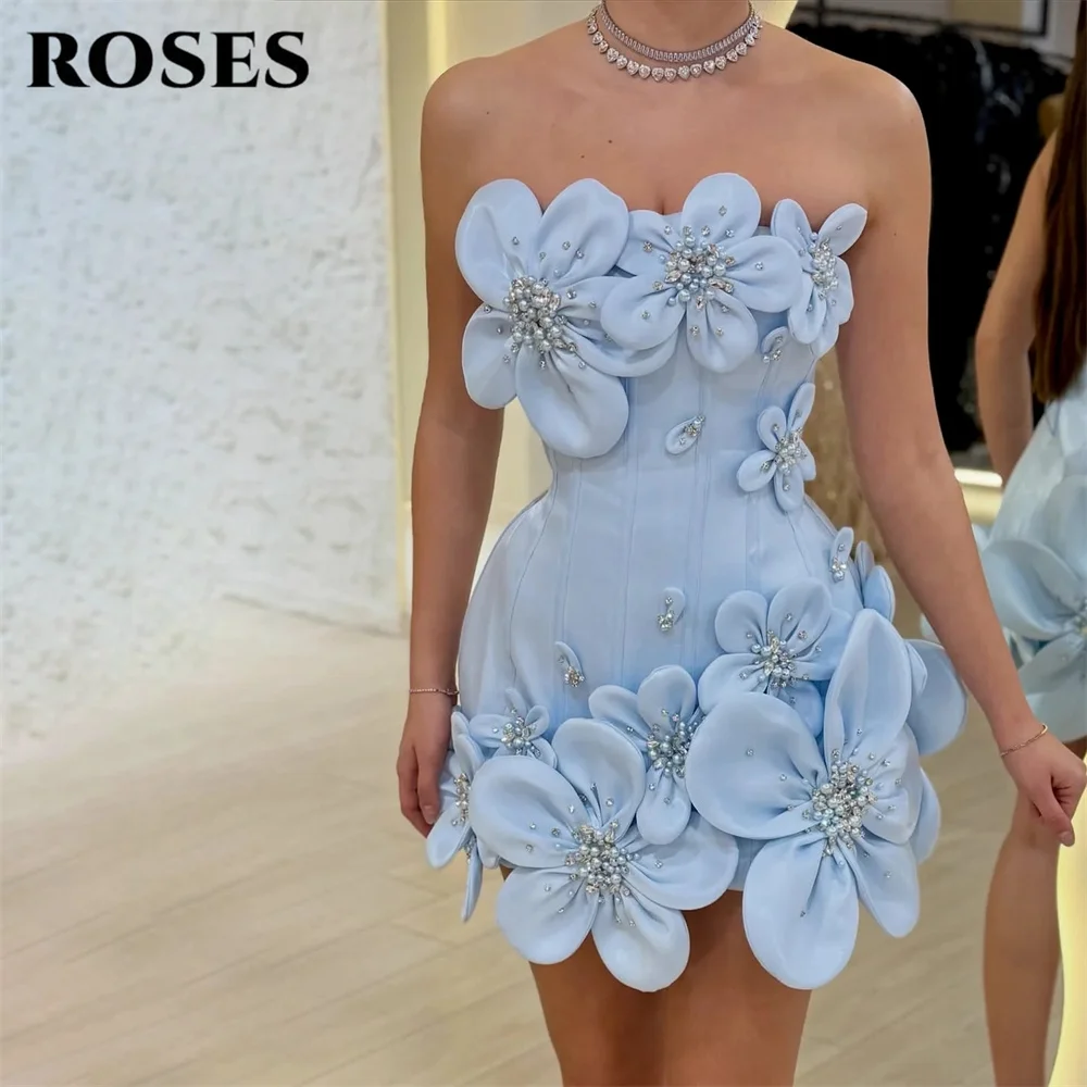 ROSES Blue Evening Gown Strapless Prom Dress Sleeveless Wedding Evening Dress with Flowers and Pearls robes de soirée Customized image 6