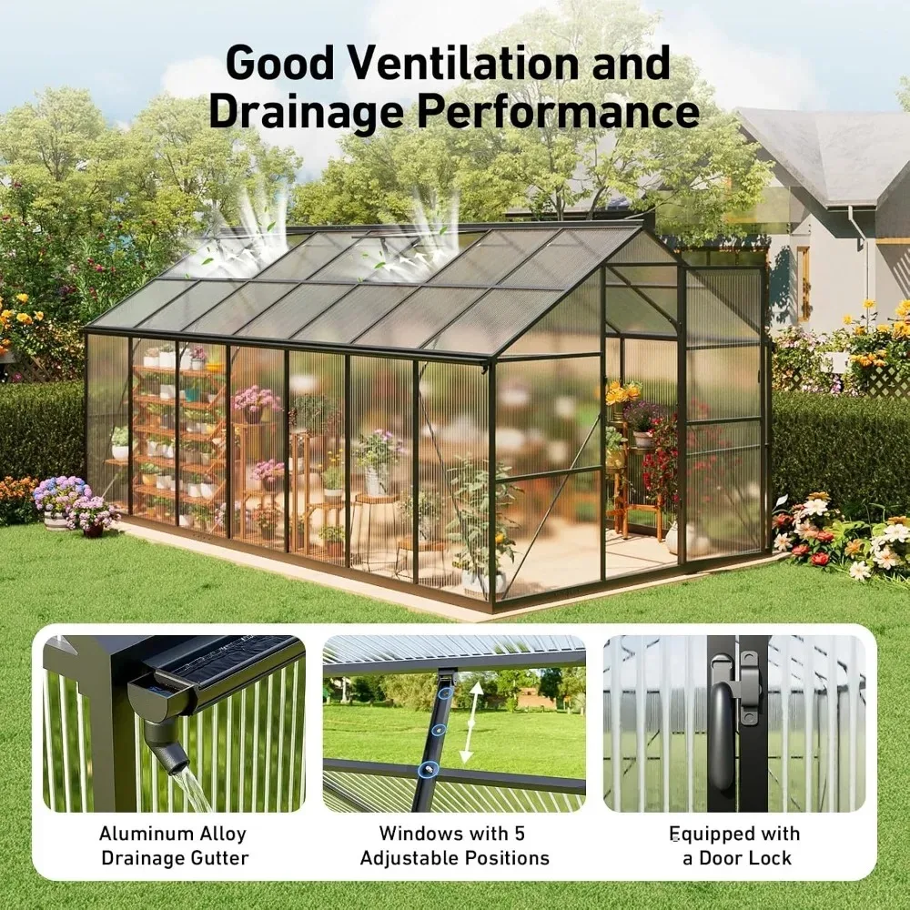 8x14 FT Walk-in Greenhouse, Aluminum Frame, Polycarbonate Panels, Windproof & UV Protection, Hygrometer Included, Custom