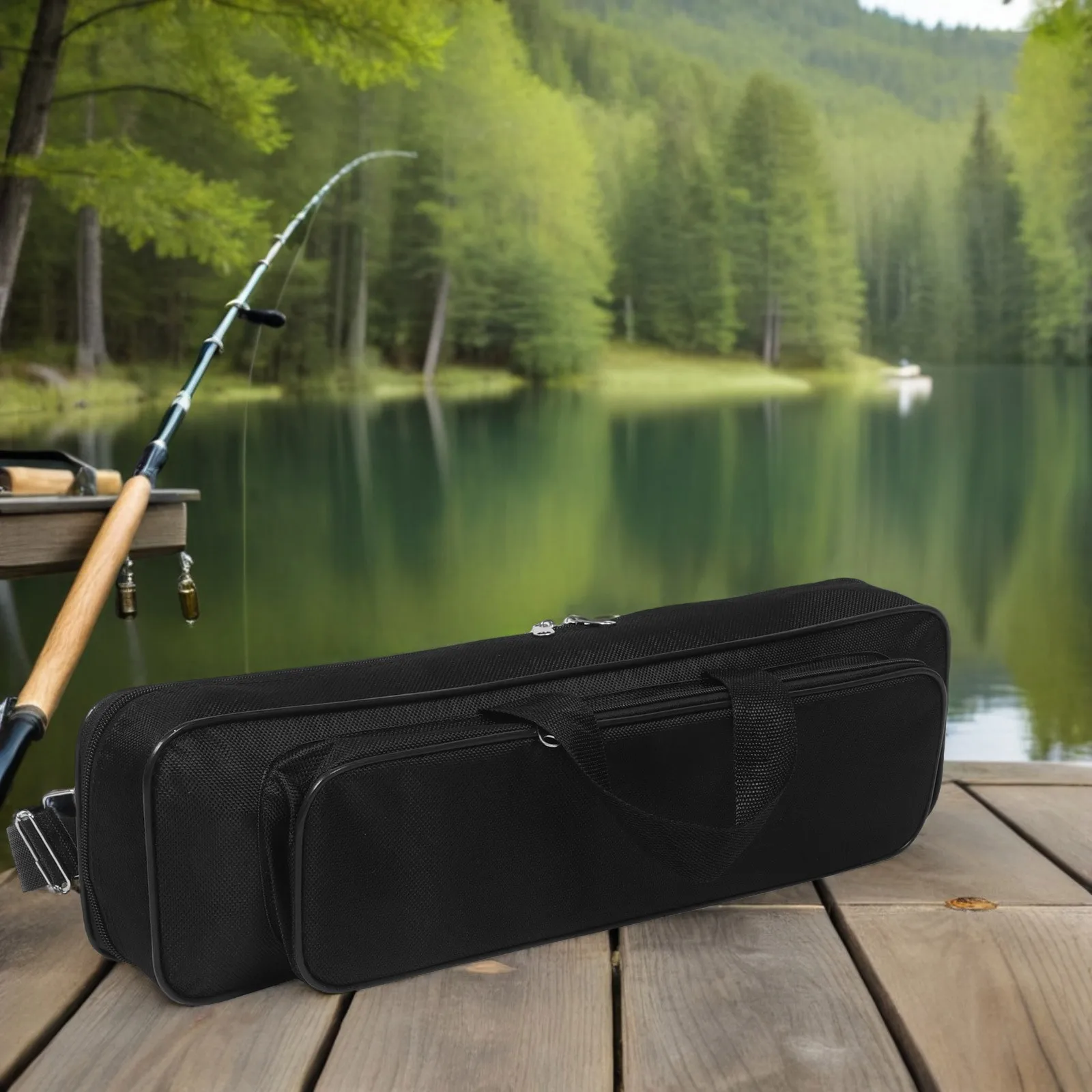 

Fishing Pole Holder Bag Durable Black Oxford Cloth Reinforced Steel Wire Compact Portable Fishing Gear Organizer 50cm