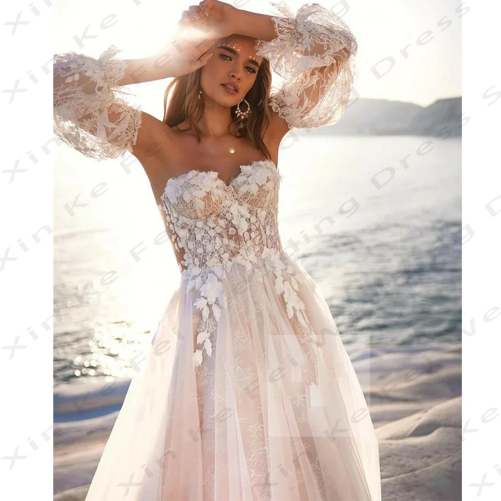 Exquisitos vestidos de novia con apliques de encaje para mujer, vestidos de novia elegantes y sexys con hombros descubiertos, estilo princesa esponjoso, fregado Simple