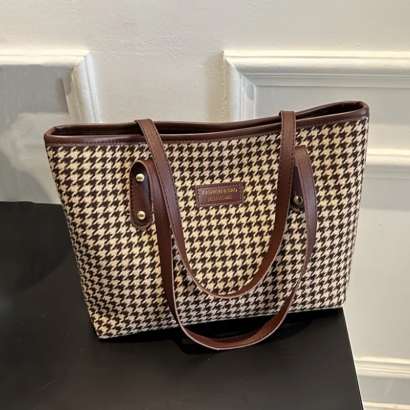 Lässige Tragetasche mit Hahnentrittmuster, Große Schultertasche mit Braunen Lederriemen, Vielseitig für Alltag und Ausflüge – Detail 8