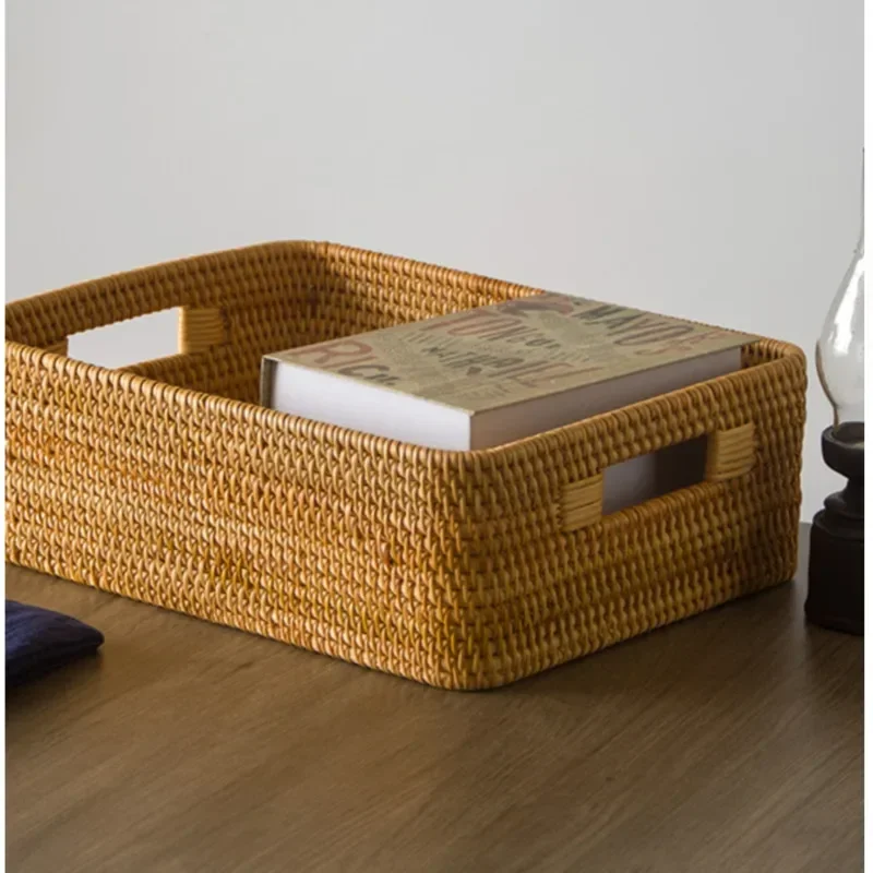 

Large Rectangular Storage Basket Natural Rattan Woven Cosmetic Box Book Toy Sorting Case Exquisite And Practical Desk Organizer