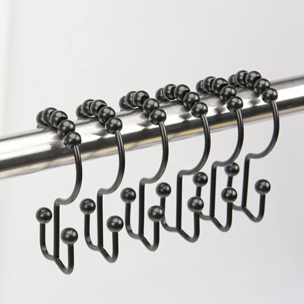 12PC Gold Metal Shower Curtain Rings Set with Beads Rust Proof Double Rings for Shower Liner Hooks for Bathroom