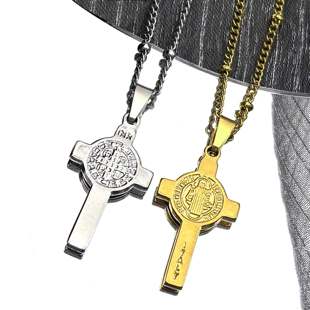 

Saint Benedict INR Cross Chain Women Men Stainless Steel Gold Color Catholicism Amulet Male Pendant Necklace Jewelry Gifts