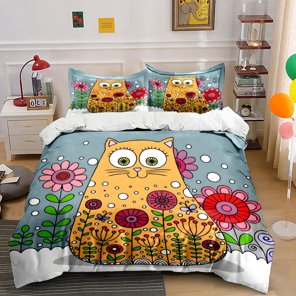 

Cartoon cat with floral patterns Printed Duvet Cover Set 1 Duvet Cover+2 Pillowcase Multi Size Bedroom Bedding Decor