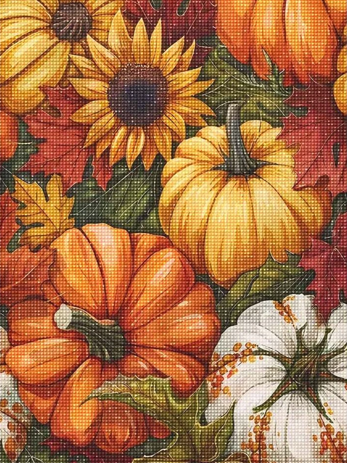 Autumn Pumpkin Sunflower Maple Leaf Harvest 5D DIY Full Drill Diamond Painting Kit Cross Stitch, Handmade Art Home Wall Decor