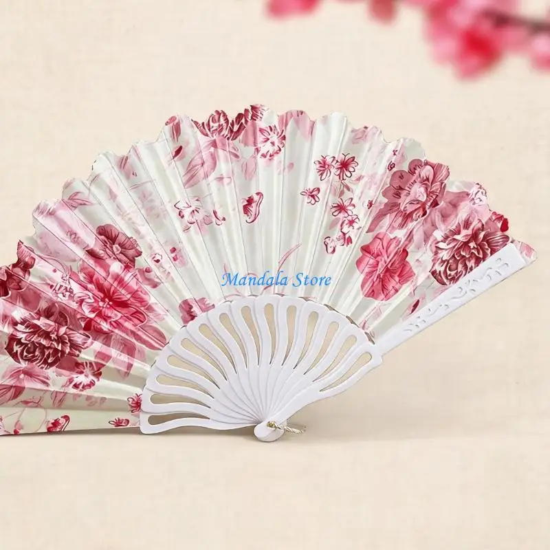 U2JC Plastic Folding Hand Fan with Flower Pattern and White Carved Handle for Shop Display, Stage Use and Home Styling