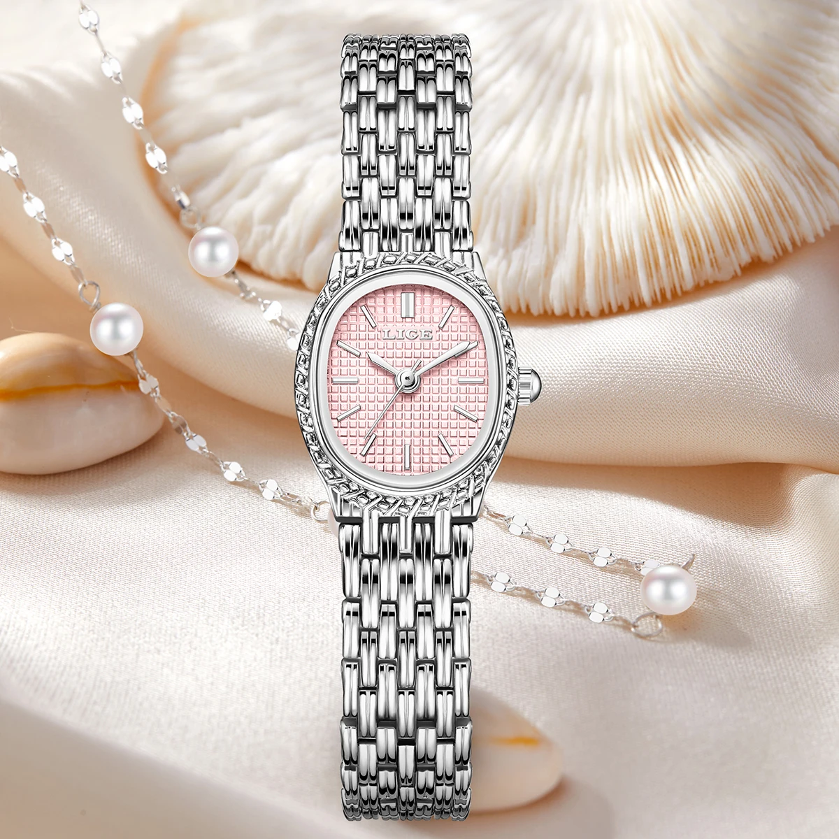 

LIGE Ladies' Watches Fashionable Luxury Wrist Watch Diamond Encrusted Oval Pink Dial Quartz Watch Women's Clock+Box