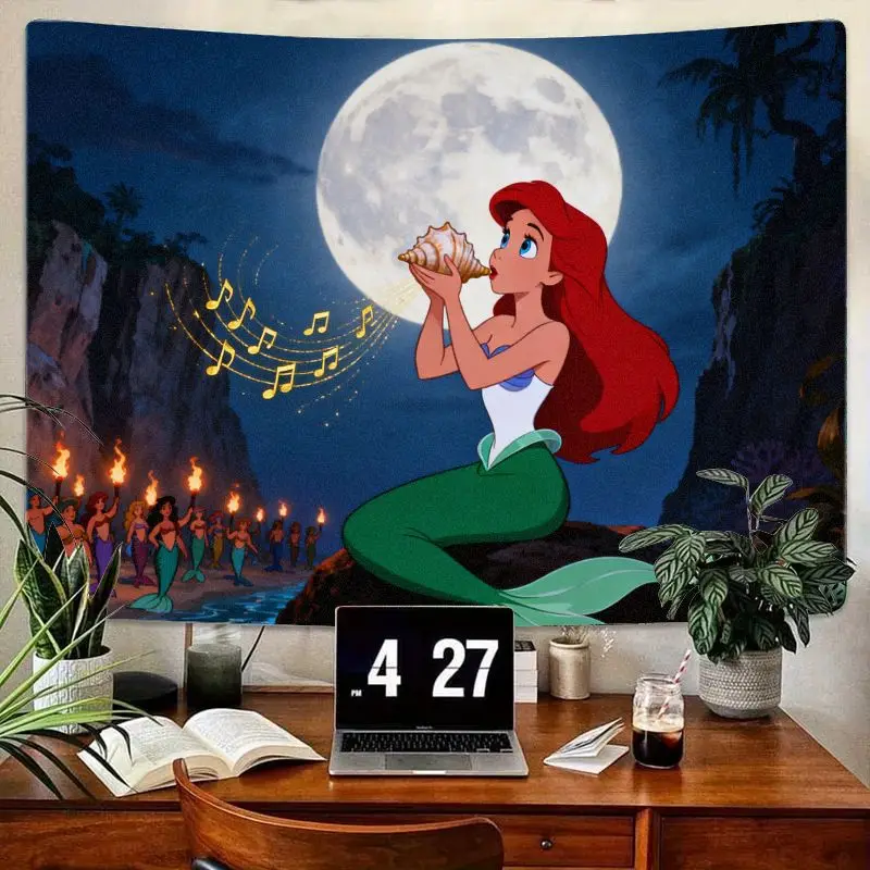 

1 шт. гобелен Disney Русалочка Ариэль, музыкальные ноты в полнолуние, настенное искусство, фэнтезийный декор комнаты из полиэстера, подарок для фанатов