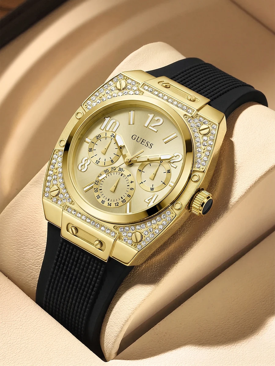 Reloj GUESS para Hombre con Caja Dorada, Cristal con Esquinas Reforzadas, Esfera Color Champán, Correa de Silicona Negra, Multifunción, Cuarzo, Estilo Hip Hop, Regalo para Amigos