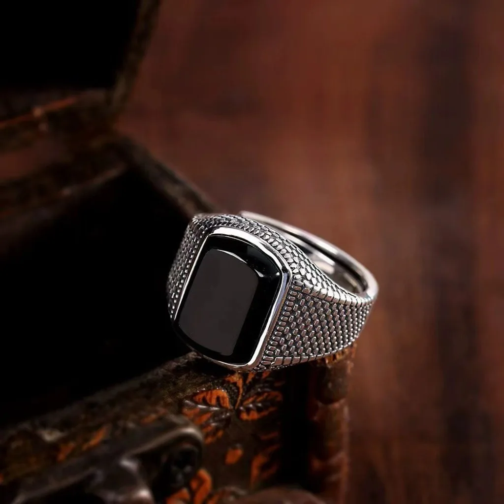 Vintage Faux-Onyx-Ringe für Herren, Edelstahl, verstellbarer offener Ring, silberfarben, modischer Punk-Schmuck, Geschenk – Detail 8