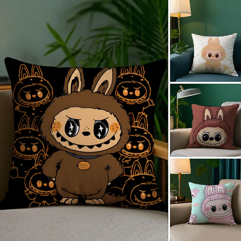 Hot C-cartoon L-Labubu Pillow Case Pillowcase Anti-dustmite Pillow Invisible zipper silky short plush Sofa cushion cover