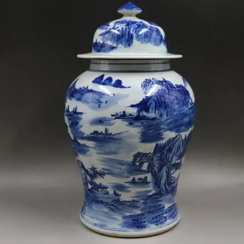Qing Kangxi Ginger Jar Planter Pot Blue And White Landscape Figure General Jar Antique Porcelain Vases For Home Decoration