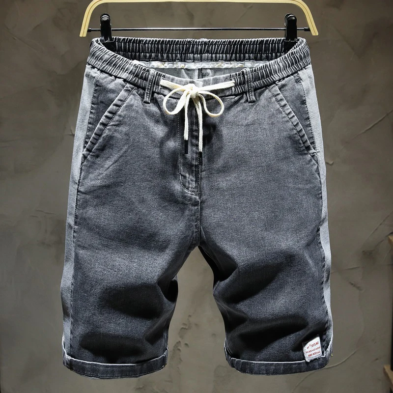 

Мужские летние джинсовые шорты свободного кроя в корейском стиле, с эластичным поясом, тонкие, длиной до колена, прямые, повседневные джинсы для подростков