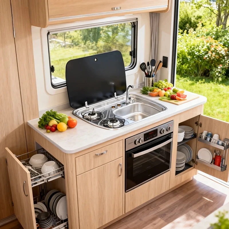 Portable Integrated Camping Kitchen 2 Burner RV Gas Stove Sink Combo Electric Ignition Silver 304 Stainless Steel for Motorhome