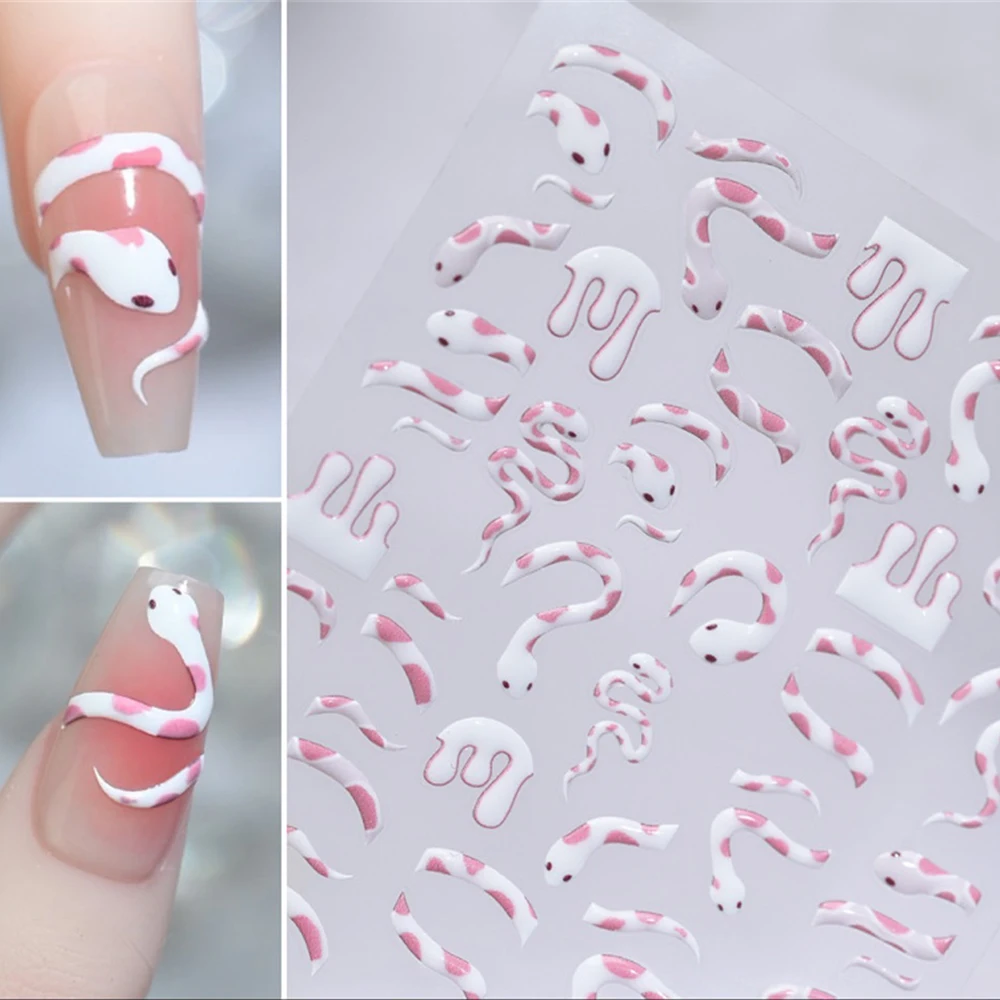 

5D Little Pink Snake Nail Stickers Nail Self-Adhesive Slider Winter Nail Art Decorations Decals Manicure Accessories New Year