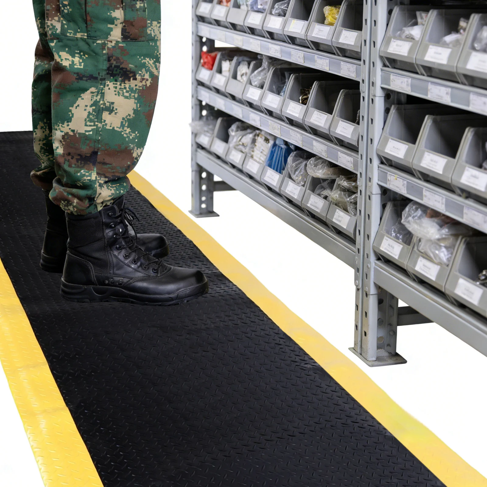 

Противоусталостный проводящий коврик 144x36 дюймов, толщиной 3/4 дюйма, черный с желтой окантовкой, для промышленных и коммерческих рабочих площадок