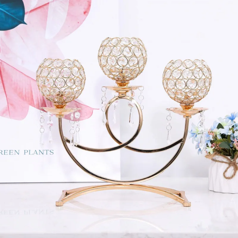 European metal bracket base creative retro three-headed candlestick wedding props crystal ball decorative candlestick crafts