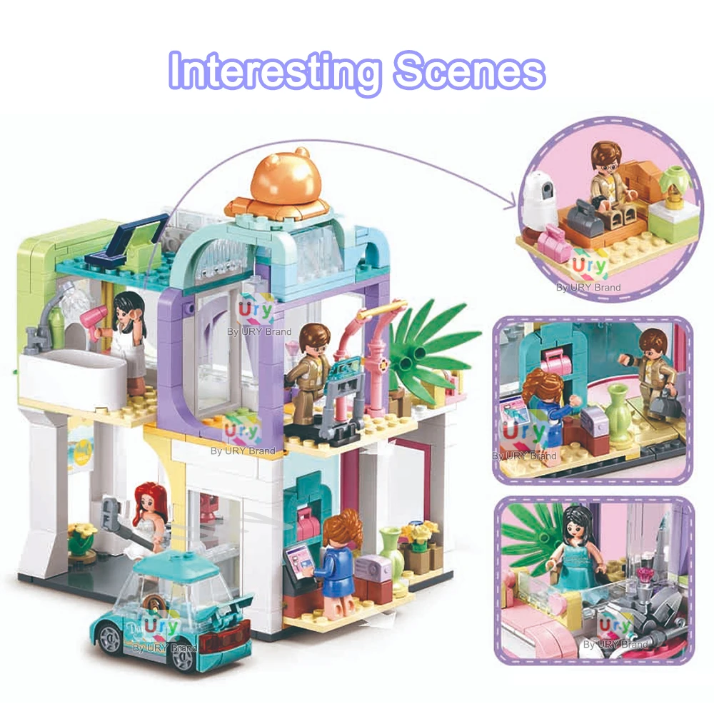 Sluban Friends House City The Crown Hotel Department Store New Energy Vehicle 4S Model Building Blocks Set DIY Toy for Girl Gift